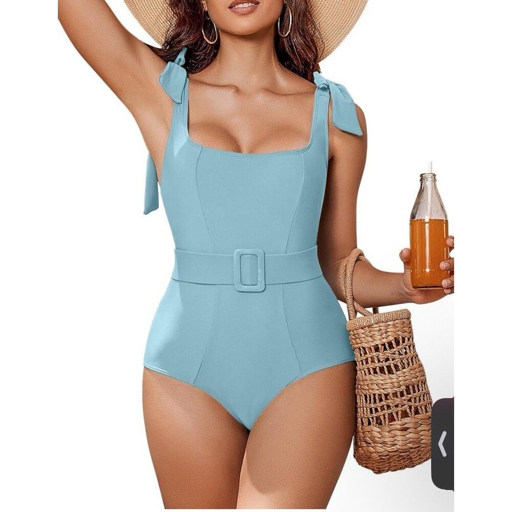 AIMAGE Women's Light Blue One Piece Swimsuit Belted Adjustable Straps, L